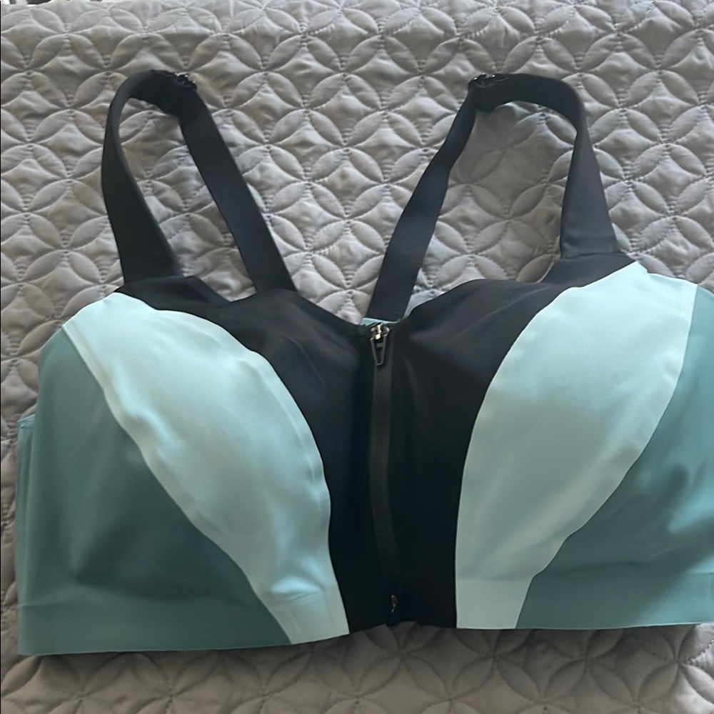 Victoria's Secret Black and Blue Sports Bra with Zip-Front Closure
